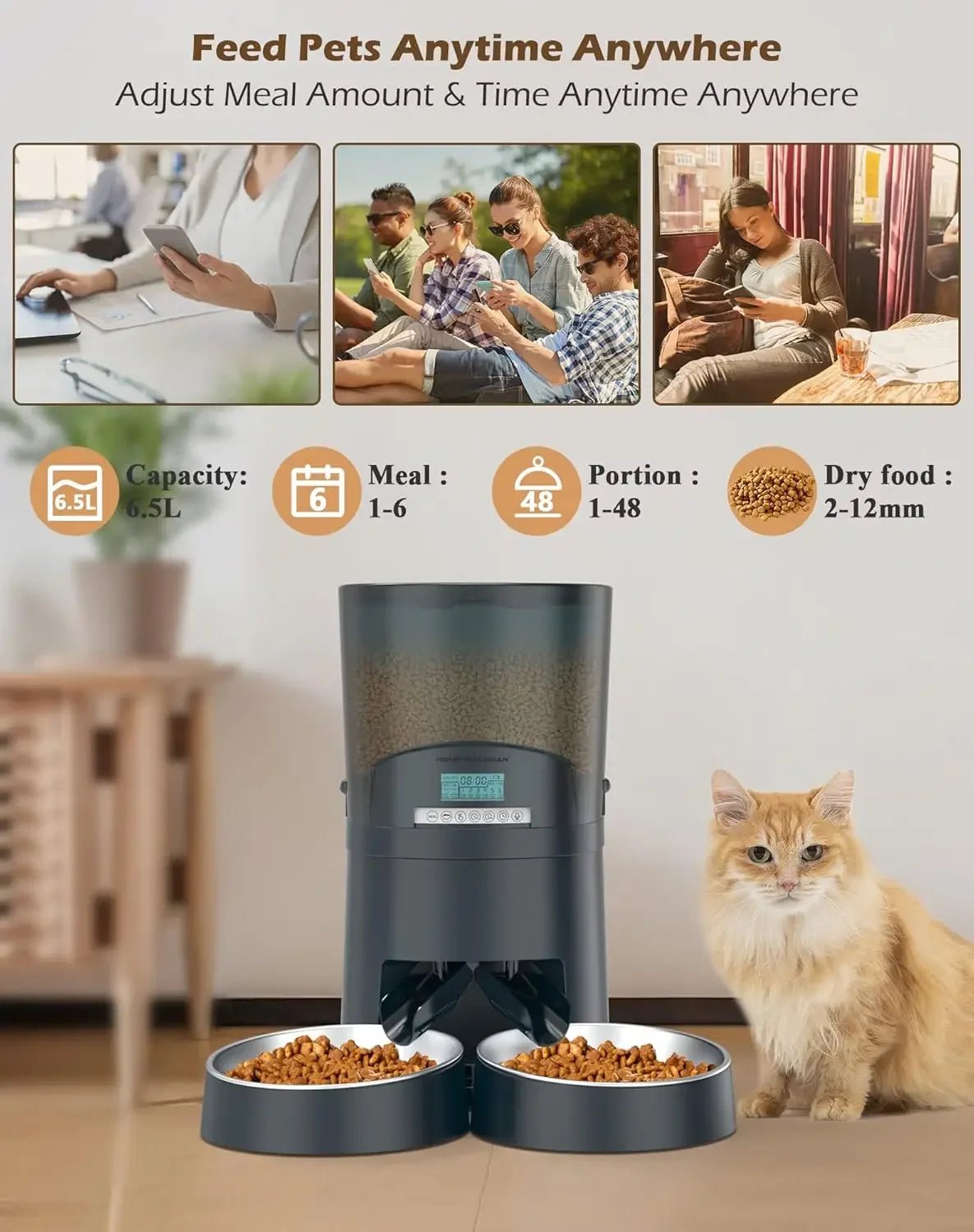 Automatic WiFi Pet Feeder for 2 Cats – 6.5L Smart Food Dispenser with App Control & Stainless Steel Bowls - Buy at G - ZONE